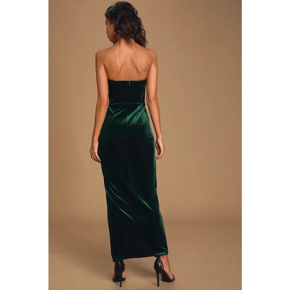 Lulu’s My Dream Come True Forest Green Velvet Strapless Gown Size Medium - Picture 2 of 8